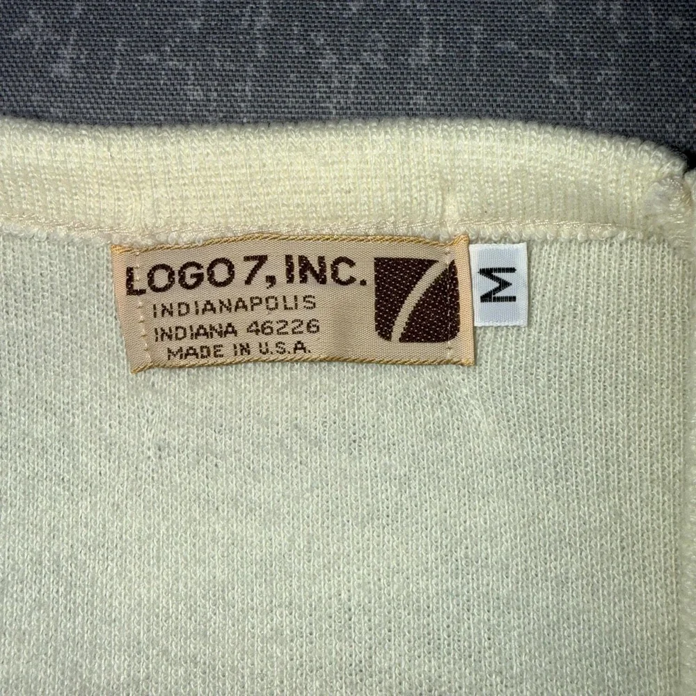 Vintage Logo 7 Sweater Mens Medium White V Neck Canadian Mist Logo Knit USA